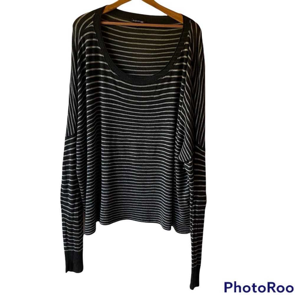 Eileen Fisher Ballet Knit Dark Grey & White Stripe Sweater Size Large